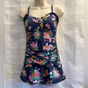 Shore Shapes one piece swim suit bathing suit floral navy  print Sz-12. W13